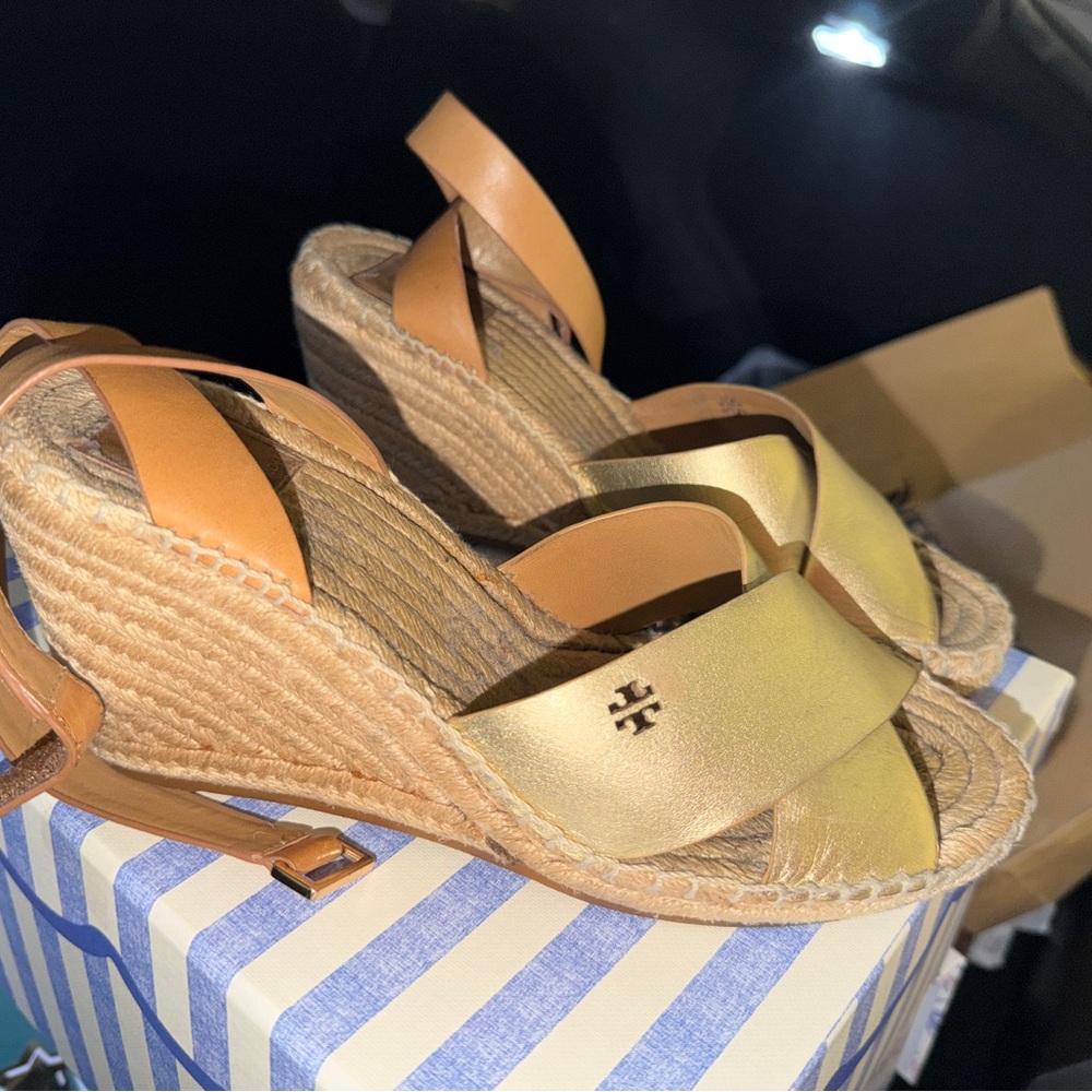 Tory Burch Gold and Tan Wedge Espadrille Sandals